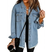 SHEWIN Women's Jean Jacket Casual Long Sleeve Denim Jackets Button Down Shirt Boyfriend Distressed Shacket Blue