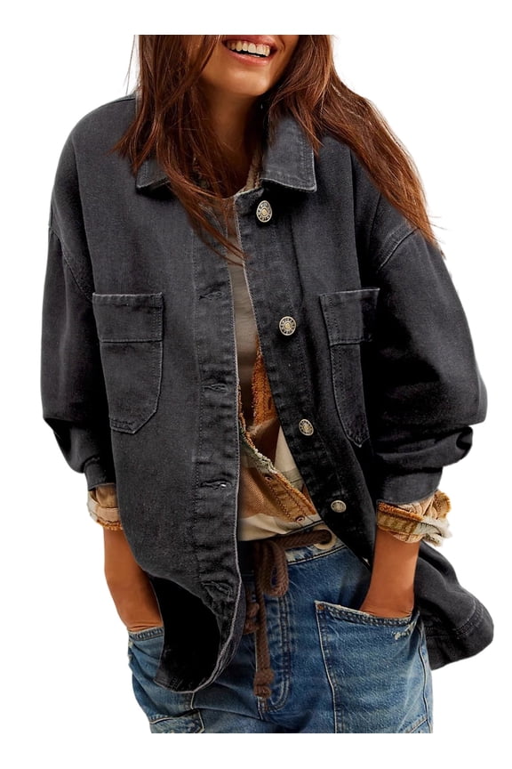 Jean Jacket for Women Oversized Denim Jackets Boyfriend Button Up Long Sleeve Split Fall Spring Shacket Gray