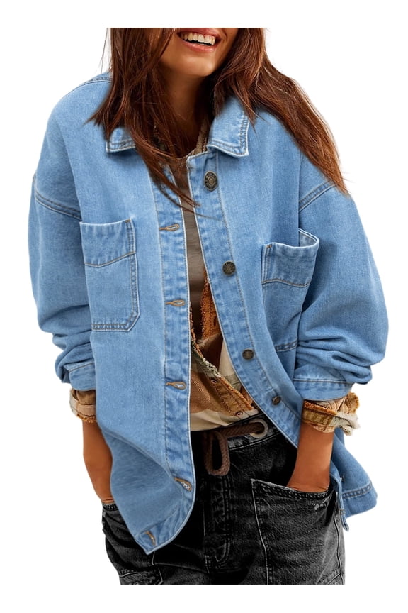 Jean Jacket for Women Oversized Denim Jackets Boyfriend Button Up Long Sleeve Split Fall Spring Shacket Light Blue