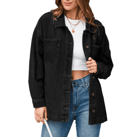 SHEWIN Jean Jacket for Women Oversized Denim Jackets Boyfriend Button Up Long Sleeve Split Fall Spring Shacket Black