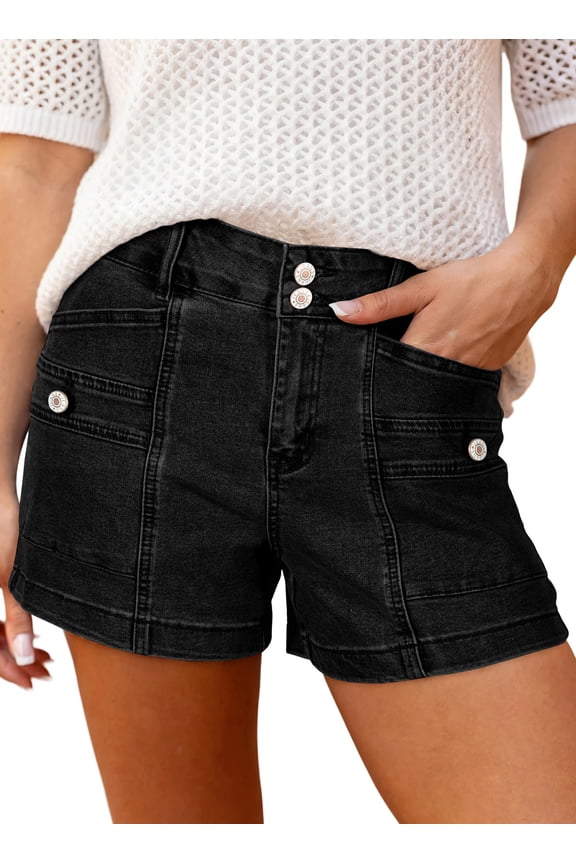 Women's Jean Shorts High Waisted Denim Shorts Casual Loose Fit Stretchy Double Button Fly Summer Pants with Pockets Black
