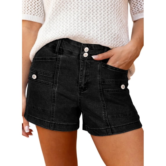 SHEWIN Women's Jean Shorts High Waisted Denim Shorts Casual Loose Fit Stretchy Double Button Fly Summer Pants with Pockets Black