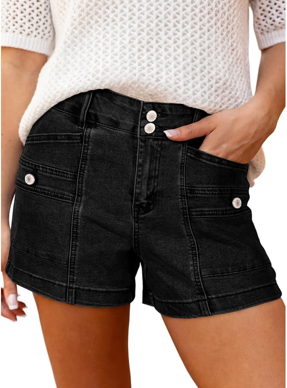 Women's Jean Shorts High Waisted Denim Shorts Casual Loose Fit Stretchy Double Button Fly Summer Pants with Pockets Black