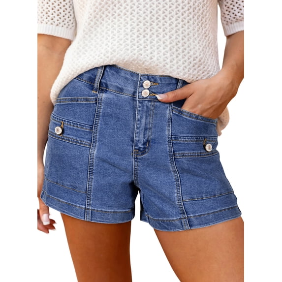 SHEWIN Women's Jean Shorts High Waisted Denim Shorts Casual Loose Fit Stretchy Double Button Fly Summer Pants with Pockets Blue