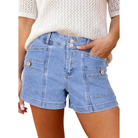 Shorts for Women Jean Shorts High Waisted Stretchy Casual Fashion Trendy Double Button Fly Denim Shorts with Pockets Blue