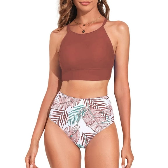 SHEWIN Women's Leaf Print High Waisted Tummy Control Bikini Sets, Red