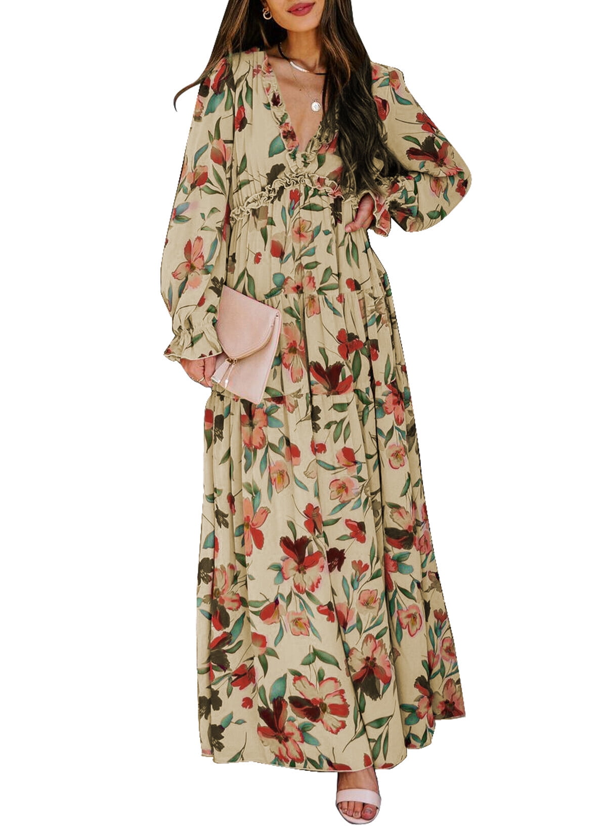 Akivide Womens Boho Floral Printed Long Bell Sleeve Maxi Dress