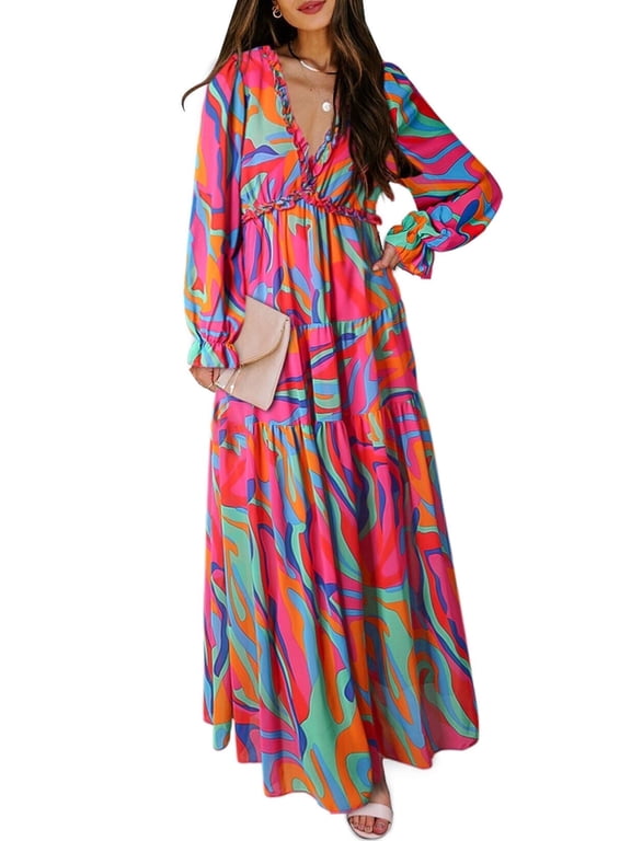 Women's Long Maxi Dresses Deep V Neck Floral Boho Maxi Dress Long Sleeve Evening Dress Cocktail Party Wedding Dresses M