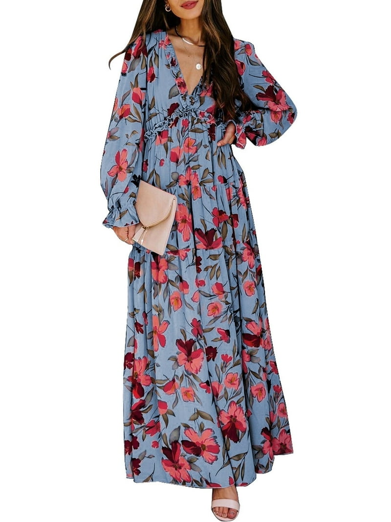 SHEWIN Women's Long Maxi Dresses Deep V Neck Floral Boho