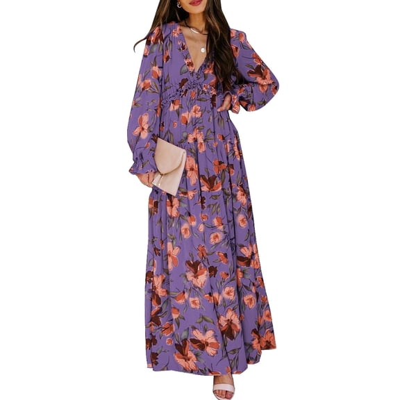 SHEWIN Women's Maxi Dresses with Long Sleeve Bohemian Floral Loose Casual High Waist Boho Printed Maxi Dress Beach Party Dress M