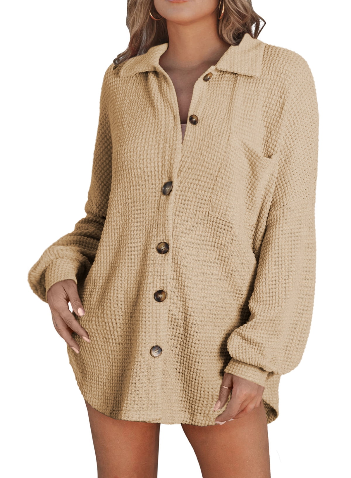 SHEWIN Women's Oversized Shacket Waffle Knit Jacket for Women Casual