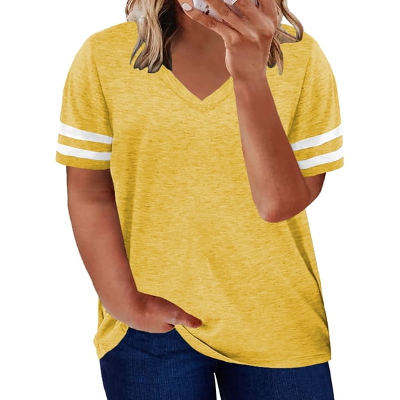 SHEWIN Women's Plus Size Tee Shirts Yellow Casual Blouse Short Sleeve V Neck T-Shirts Tops 4XL