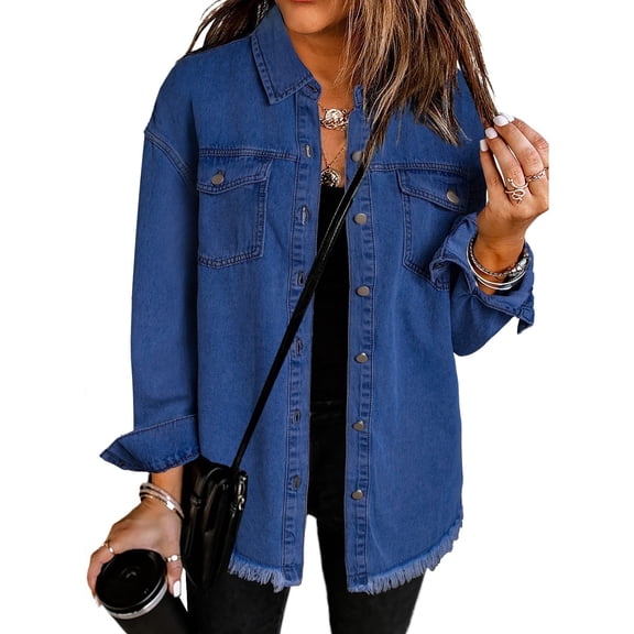 SHEWIN Women's Plus Size Denim Jacket Casual Ladies Jean Jacket Oversized Boyfriend Shackets Denim Shirt Blue