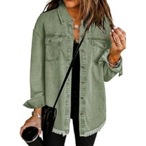 SHEWIN Women's Plus Size Denim Jacket Casual Ladies Jean Jacket Oversized Boyfriend Shackets Denim Shirt Green