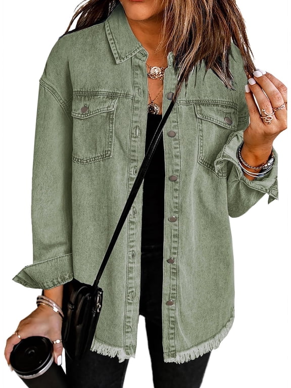Women's Plus Size Denim Jacket Casual Ladies Jean Jacket Oversized Boyfriend Shackets Denim Shirt Green