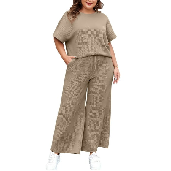 SHEWIN Women's Plus Size Outfits Sets 2 Piece Crew Neck Short Sleeve Sweatsuit Summer Outfits for Women 2025