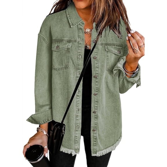 SHEWIN Women's Plus Size Shacket Casual Long Sleeve Jean Jacket Boyfriend Denim Shirt Jackets with Pockets Green