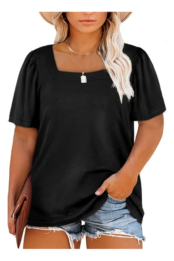 Women's Plus Size Tops Summer Basic Tee Puff Sleeve T-Shirts Tee Shirts Black 2X