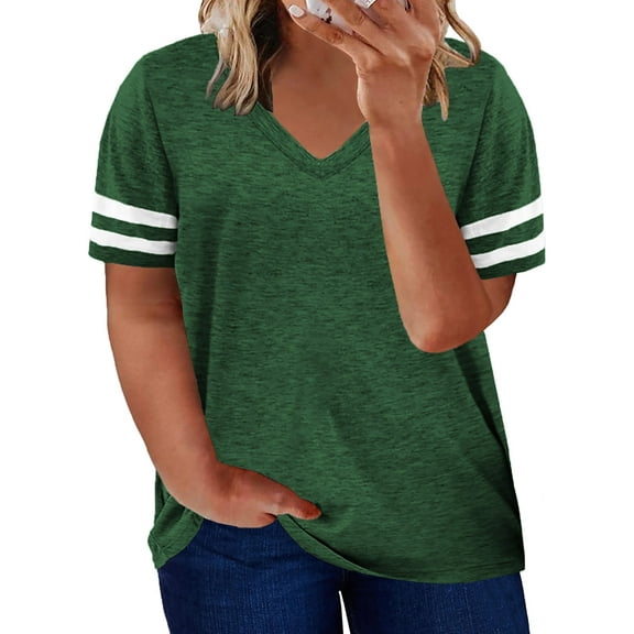 SHEWIN Women's Plus Size Tops Short Sleeve Ladies Green Casual V Neck Summer T-Shirt 2XL
