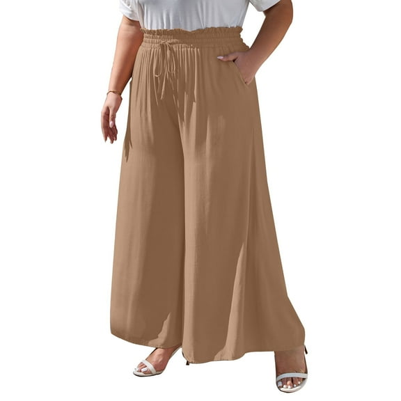 SHEWIN Women's Plus Size Wide Leg Pants High Waisted Lounge Pants Casual Long Trousers with Pockets 1X-5X
