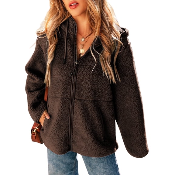 SHEWIN Womens Sherpa Jackets Fuzzy Hooded Zip Up Coats Casual Solid Long Sleeve Fleece Shacket Jacket Outerwear with Pockets