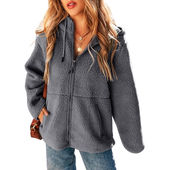 SHEWIN Womens Sherpa Jackets Fuzzy Hooded Zip Up Coats Casual Solid Long Sleeve Fleece Shacket Jacket Outerwear with Pockets