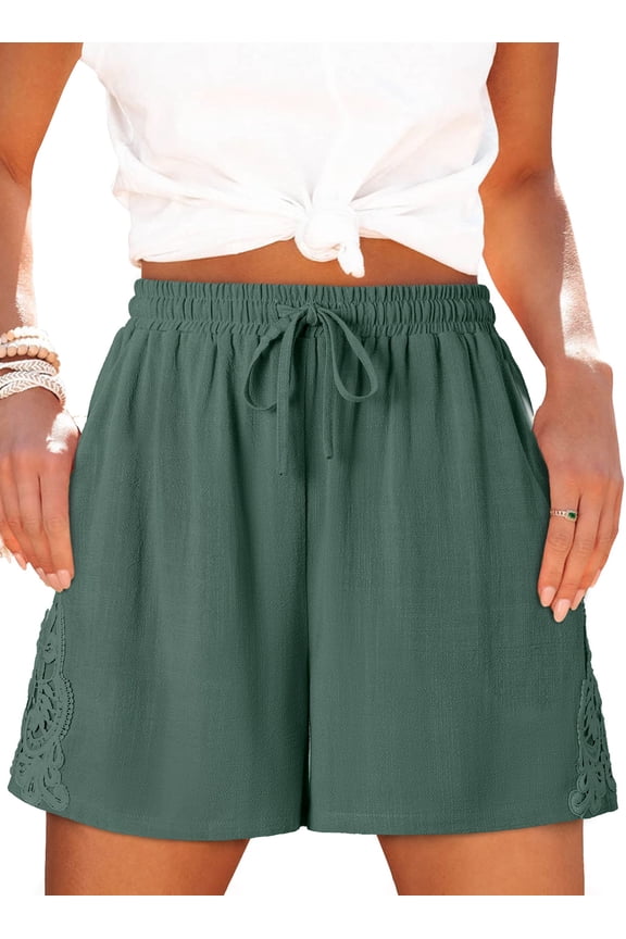 Women's Shorts Casual High Waisted Lace Summer Elastic Drawstring Lightweight Short Pants with Pockets Plus Sze