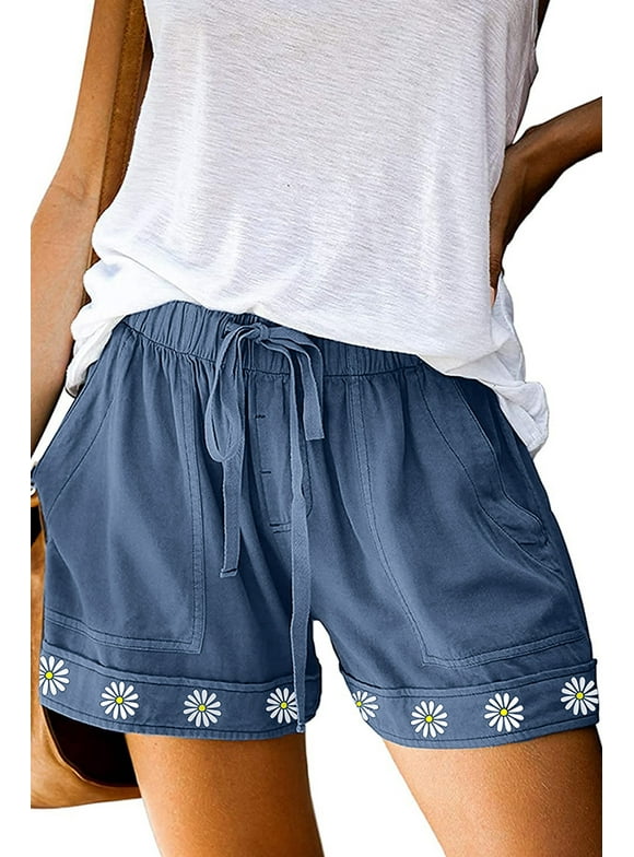 SHEWIN Women's Shorts Casual Mid Rise Summer Cotton Elastic Waist Graphic Print Short S-3XL Walkshorts Clothes