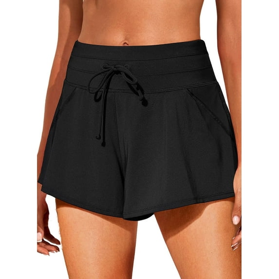 SHEWIN Womens Swimsuit Bottoms Tankini Swim Shorts High Waisted Drawstring Swimshorts Sports Pants with Liner Black
