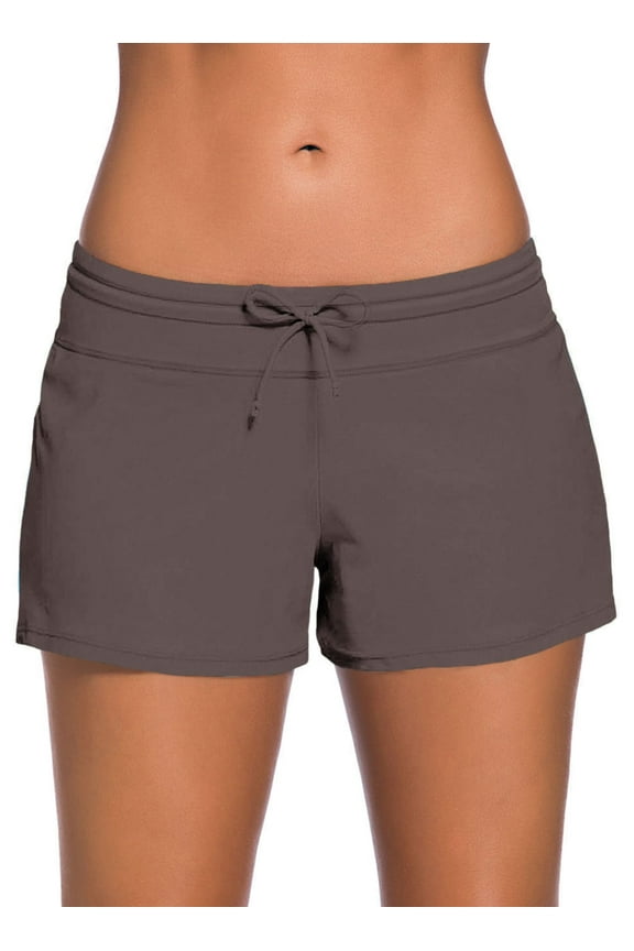 Women's Swim Shorts Waistband Summer Tankini Bottoms Quick Dry Board Boyshorts Solid Swim Trunks Brown L