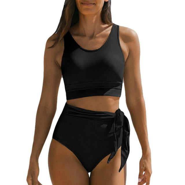 SHEWIN Women's Swimsuits 2 Piece Bikini Bathing Suits Set High Waisted Retro Floral Print Tummy Control Beach Swimwear Black US 12-14