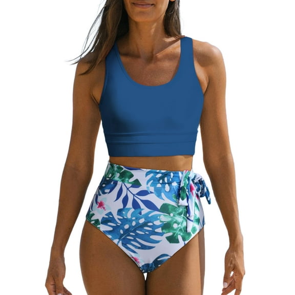 SHEWIN Women's Swimsuits 2 Piece Bikinis Set Tummy Control Bathing Suits High Waisted Retro Floral Print Beach Swimwear Blue US 8-10