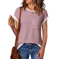 thumbnail image 1 of SHEWIN Women's T Shirts Ribbed Knit Tee Blouses Short Sleeve Crewneck Color Block Textured Trendy Summer Tops, 1 of 8