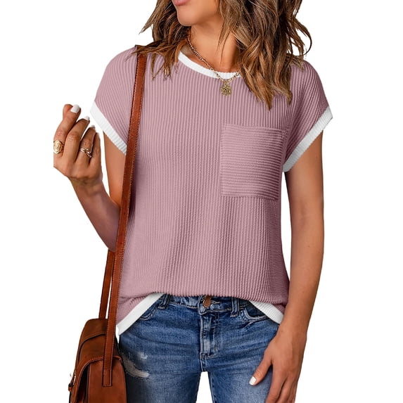 SHEWIN Women's T Shirts Ribbed Knit Tee Blouses Short Sleeve Crewneck Color Block Textured Trendy Summer Tops