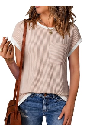 Women's T Shirts Ribbed Knit Tee Blouses Short Sleeve Crewneck Color Block Textured Trendy Summer Tops