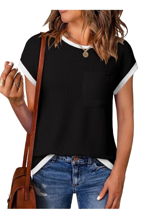 Women's T Shirts Ribbed Knit Tee Blouses Short Sleeve Crewneck Color Block Textured Trendy Summer Tops