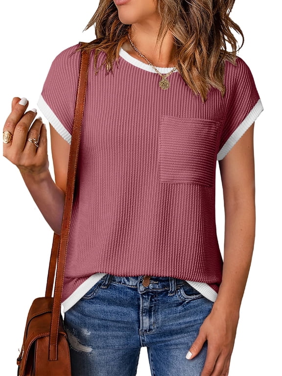 Women's T Shirts Ribbed Knit Tee Blouses Short Sleeve Crewneck Color Block Textured Trendy Summer Tops