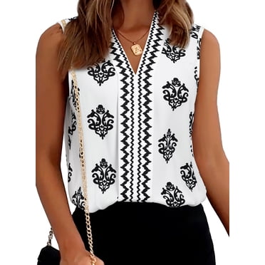 SHEWIN Women's Tank Tops Boho Floral Printed Blouses Casual Lightweight Chiffon V Neck Sleeveless Shirts