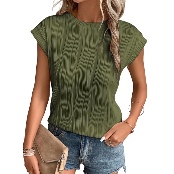 SHEWIN Women's Tops Plus Size Crewneck Short Sleeve T-shirts Textured Knitted Summer Tunic Shirts Soft Blouses Green