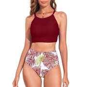 SHEWIN Women's Tummy Control Tropical Leaf Print Swimsuits, 2-Piece Set, Size L