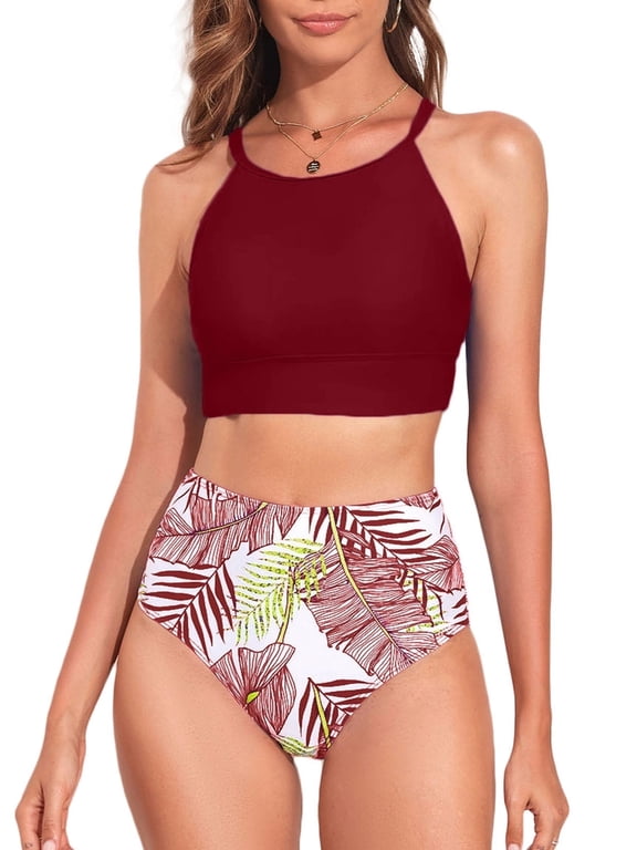 Women's Tummy Control Tropical Leaf Print Swimsuits, 2-Piece Set, Size L