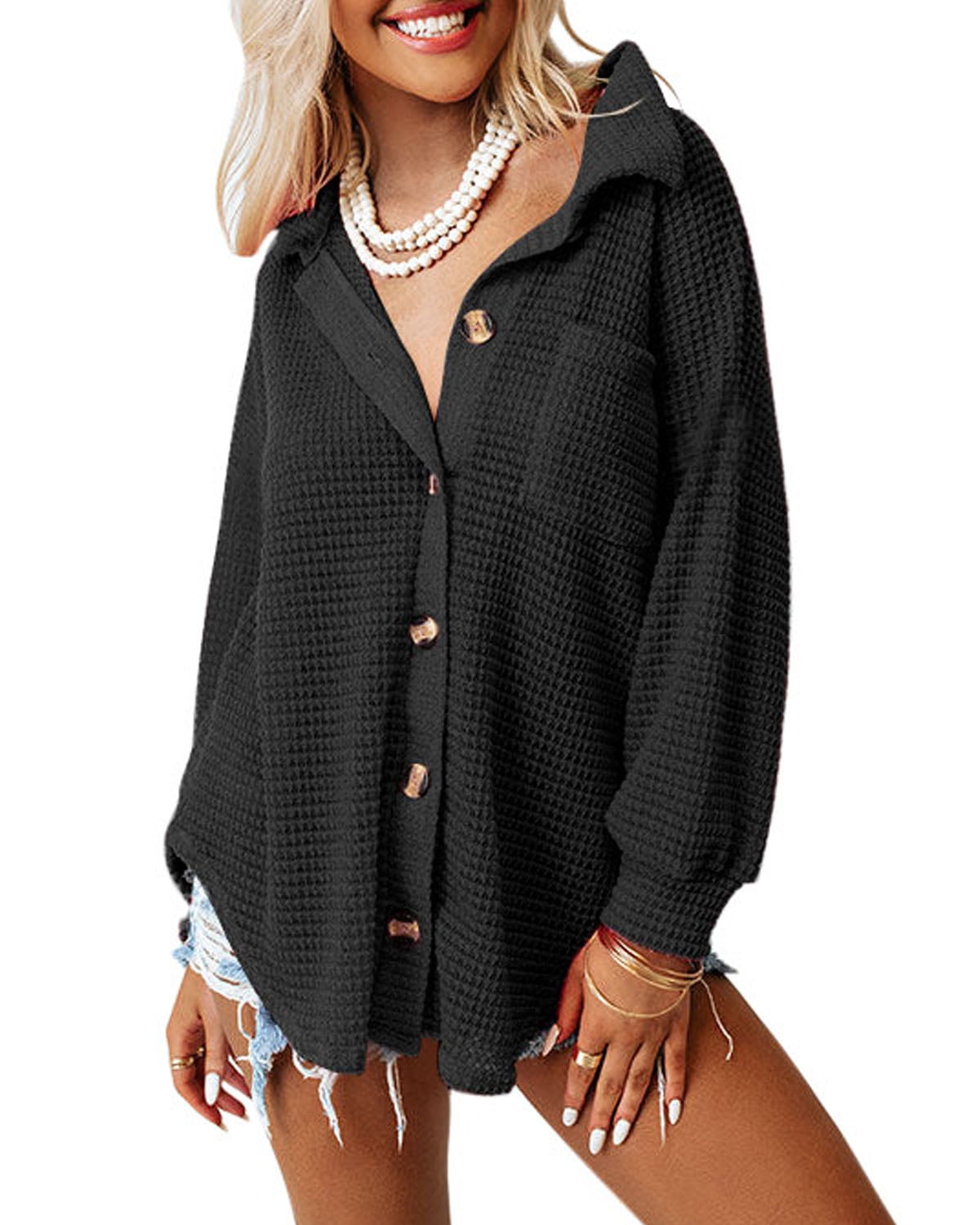 SHEWIN Women's Waffle Knit Shacket Jacket Casual Long Sleeve Button