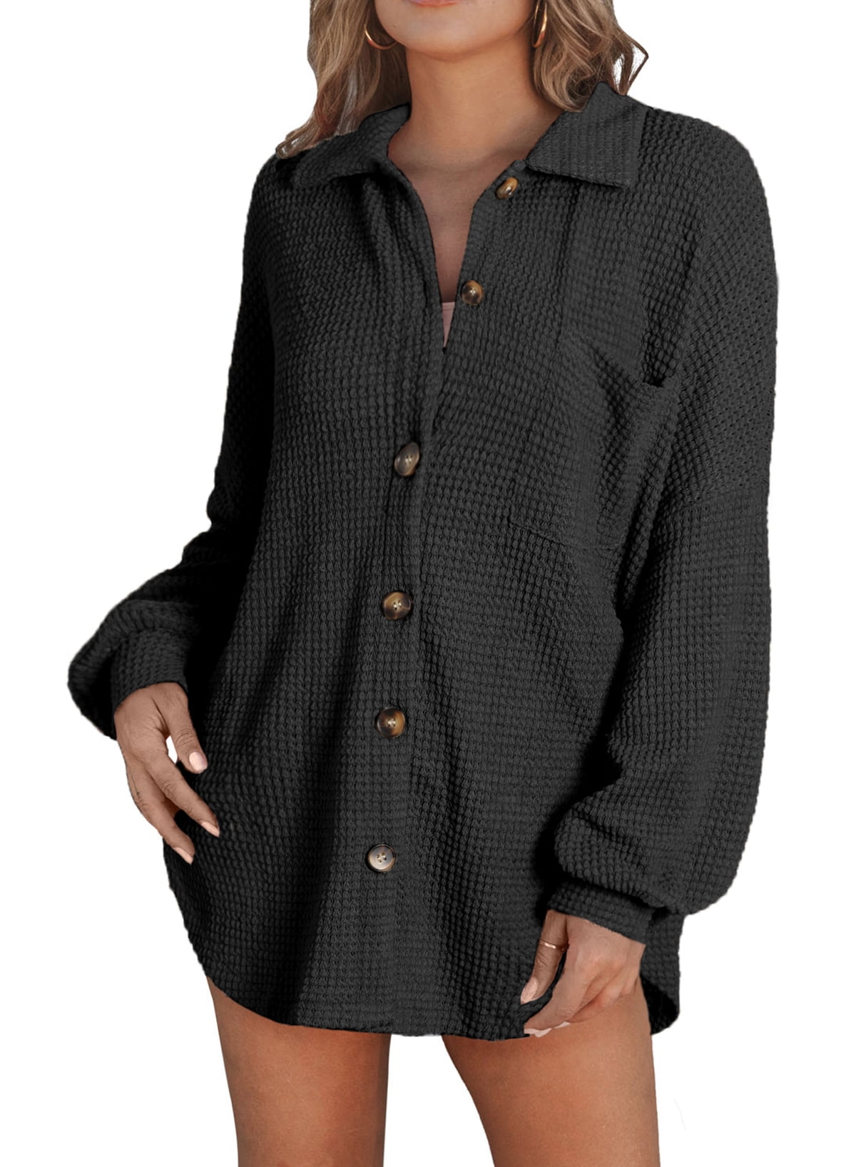 SHEWIN Women's Oversized Shacket Waffle Knit Jacket for Women