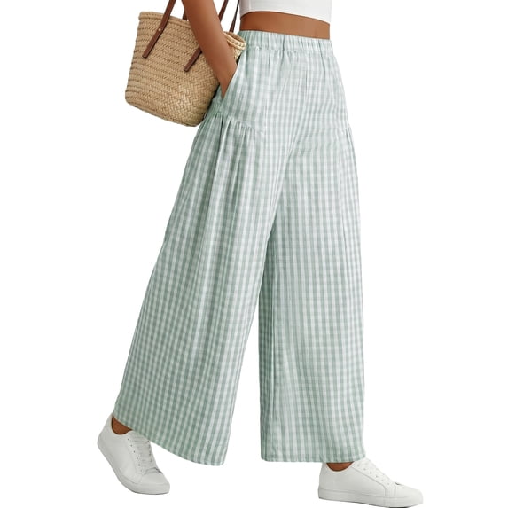 SHEWIN Women's Wide Leg Palazzo Pants Casual Elastic High Waisted Cotton Gingham Plaid Culottes Trousers with Pockets