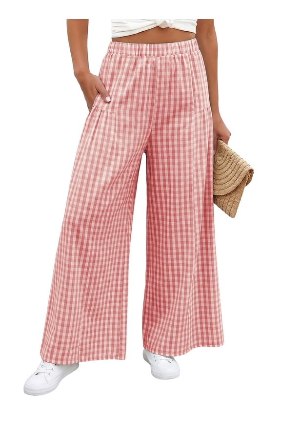 Women's Wide Leg Palazzo Pants Casual Elastic High Waisted Cotton Gingham Plaid Culottes Trousers with Pockets