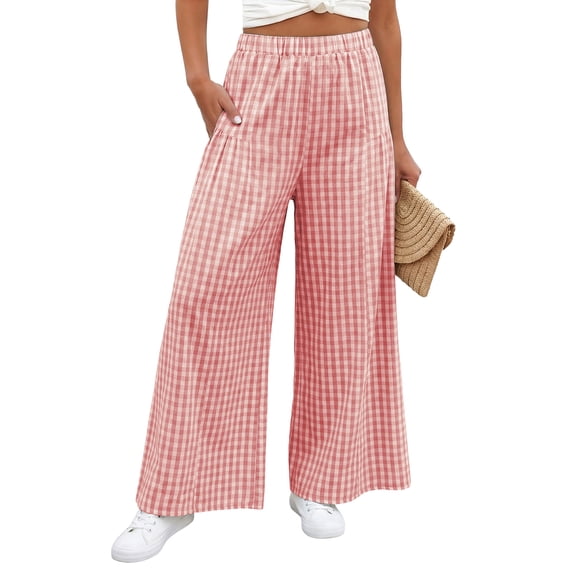 SHEWIN Women's Wide Leg Palazzo Pants Casual Elastic High Waisted Cotton Gingham Plaid Culottes Trousers with Pockets
