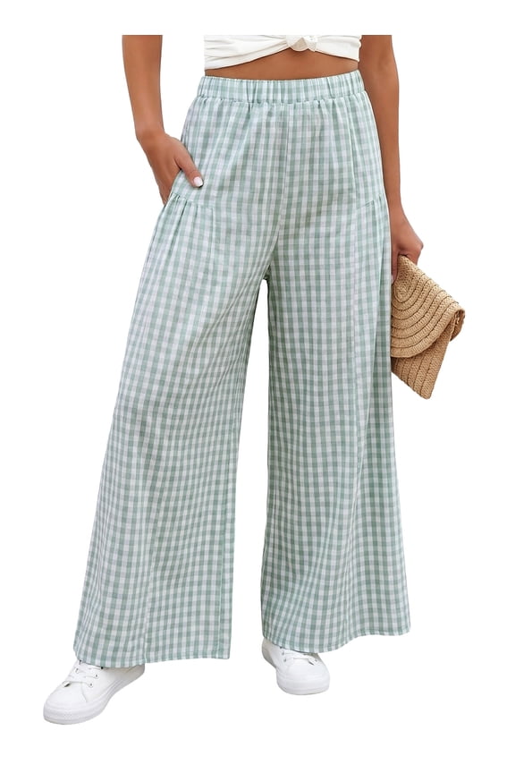 Women's Wide Leg Palazzo Pants Casual Elastic High Waisted Cotton Gingham Plaid Culottes Trousers with Pockets