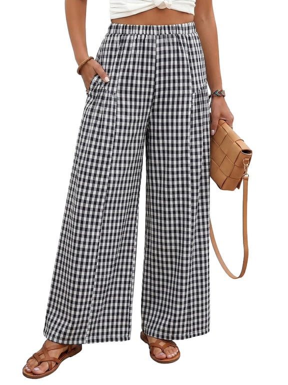 Women's Wide Leg Palazzo Pants Casual Elastic High Waisted Cotton Gingham Plaid Culottes Trousers with Pockets