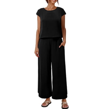 SHEWIN Outfits Sets for Women Textured Matching Set Sweatsuit Summer Crew Neck Cap Sleeve Tops Wide Leg Pants Basic Outfits