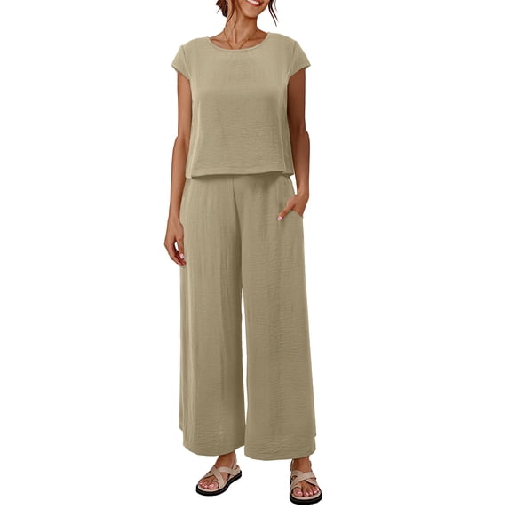 SHEWIN Outfits Sets for Women Textured Matching Set Sweatsuit Summer Crew Neck Cap Sleeve Tops Wide Leg Pants Basic Outfits